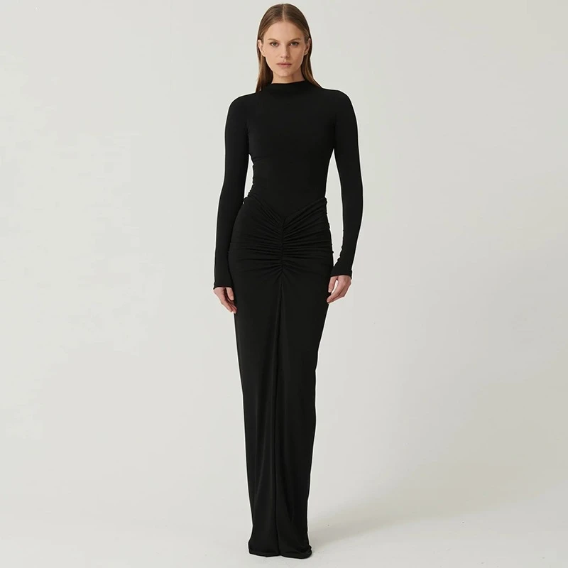 Solid Turtleneck Long‑Sleeve Ruched Fitted‑Waist Maxi Prom Dress Bodycon Slim‑Fit Stretch Fabric Party Gown Simple Evening Robe