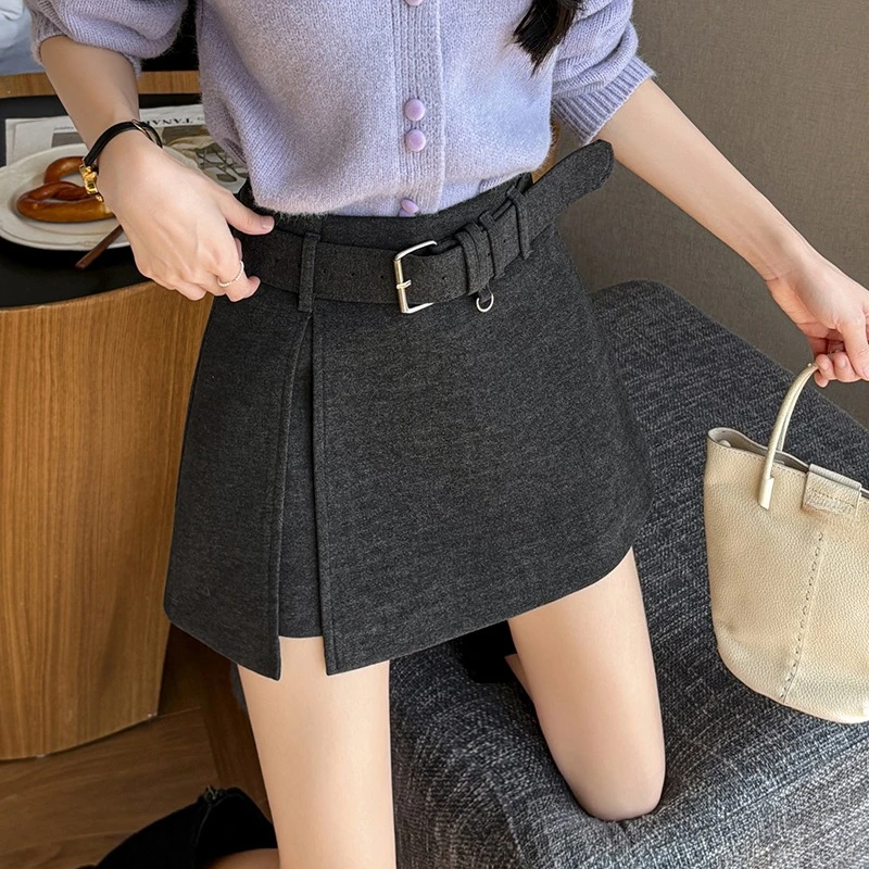 Gonne corte di lana da donna Seoulish 2025 Nuovo inverno elegante solido vita alta spacco laterale gonna a trapezio pantaloni pantaloncini con cintura