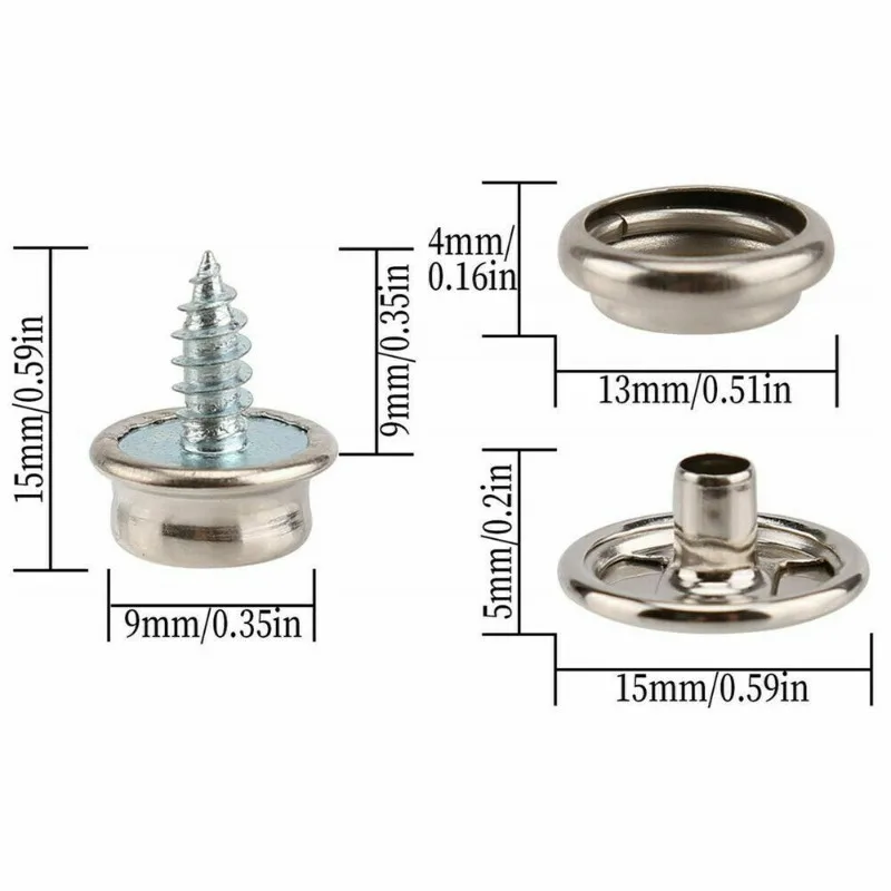 62X الفولاذ المقاوم للصدأ 15 مللي متر أزرار خاطفة السحابة عدة دعوى قماش ل المسمار الصحافة بوبرس قارب المظلة مسامير يستقر مع أداة