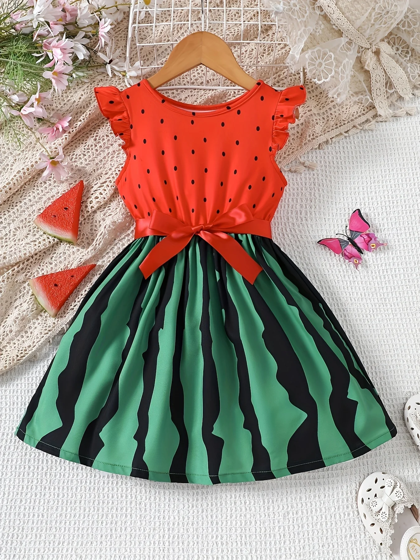 Vestido de verano para niñas con estampado Digital de punto, manga voladora de sandía, manga con volantes, regalo de fiesta en la playa y vacaciones