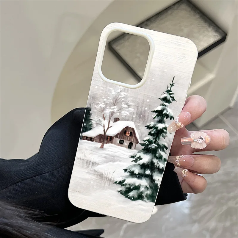 Christmas Winter Snow Tree Cabin Phone Case for iPhone 17 Pro Max Air 16 16e 13 12 14 15 Plus 11 Pro Max Shockproof Soft Cover