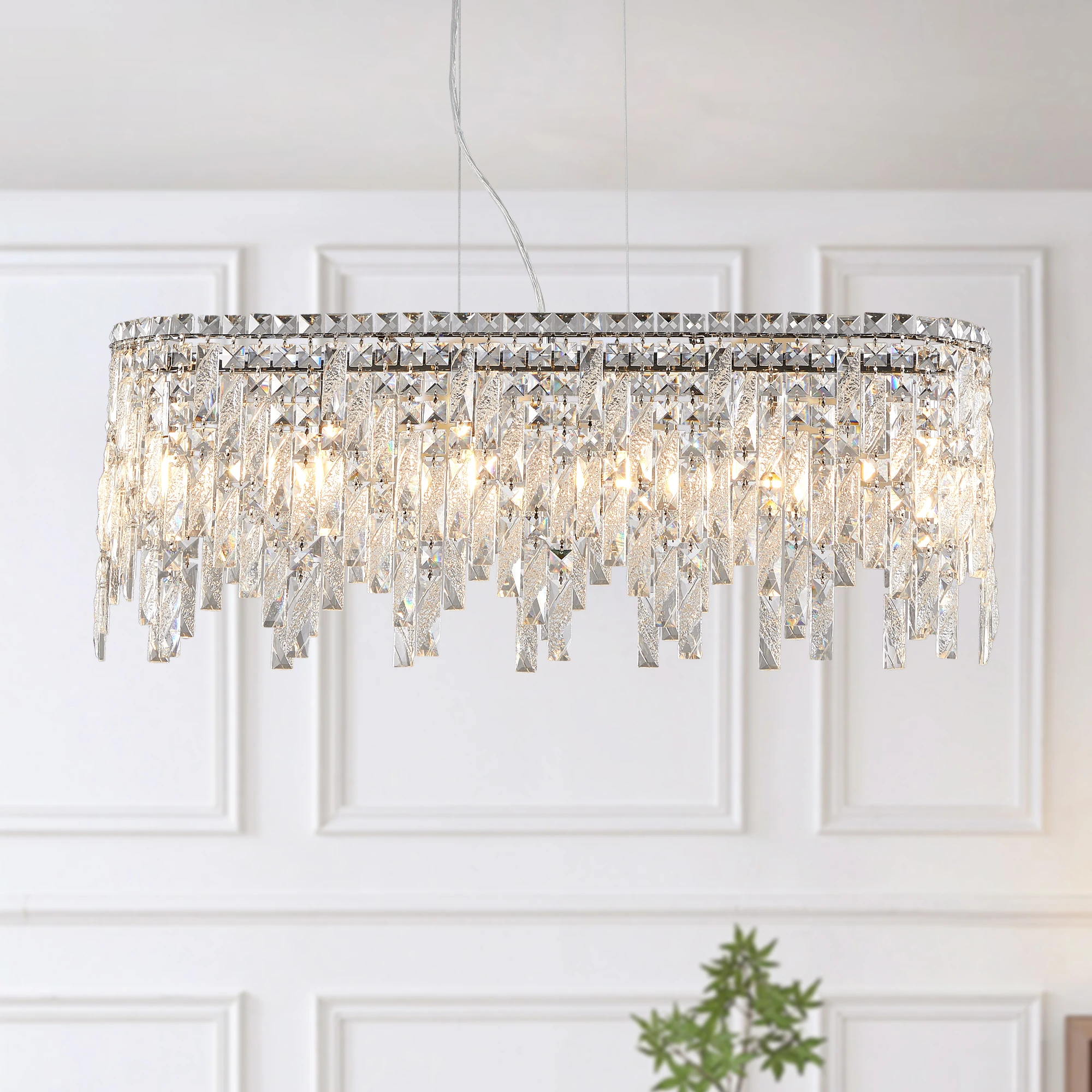 Silver Elegant Oval Crystal Chandelier, Modern Ceiling Light Fixture with Reflective Hanging Crystals(Bulbs Not Included)