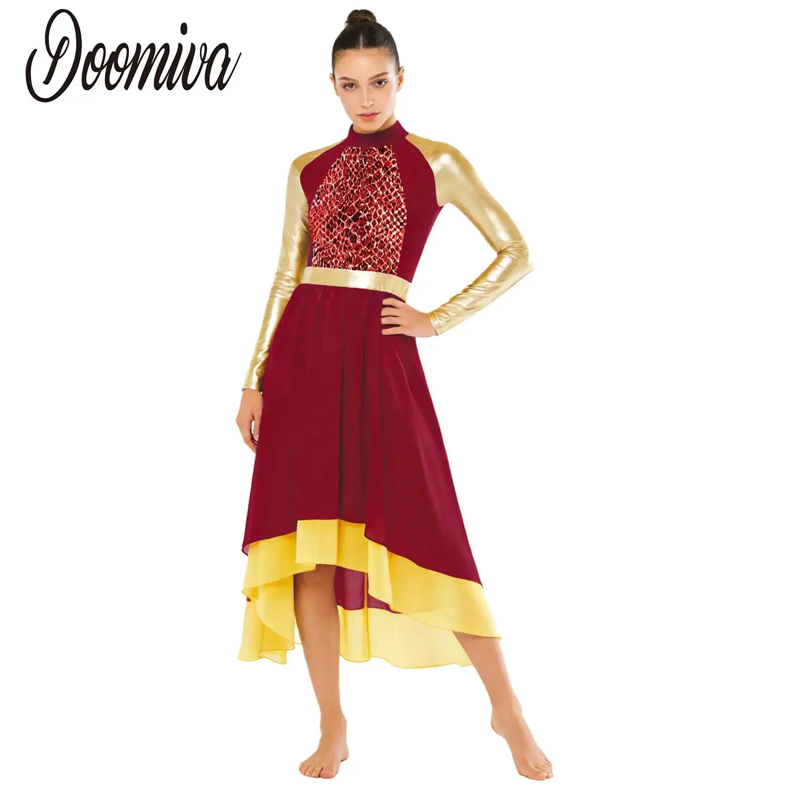 

Женское литургическое лирическое танцевальное платье-туника с металлическим блеском, длинными рукавами, принтом и асимметричным подолом, для бальных танцев, хоровых выступлений и костюмов для хвалебственных песнопений