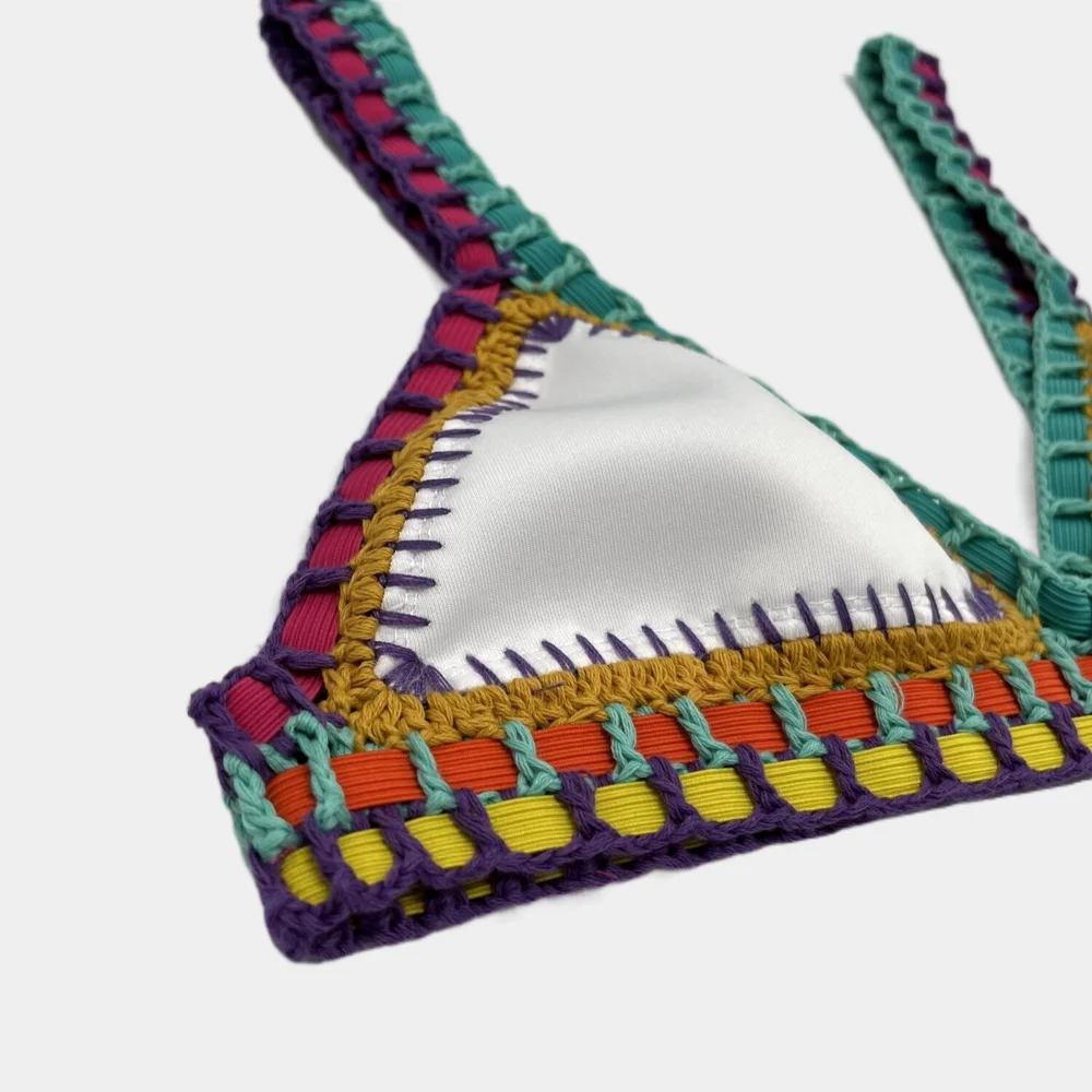 Women Sexy White Crochet Swimsuit Luxury Boho Bikini Set Triangle Elastic Swimwear Tops With Bottoms Bathing Suit Beachwear