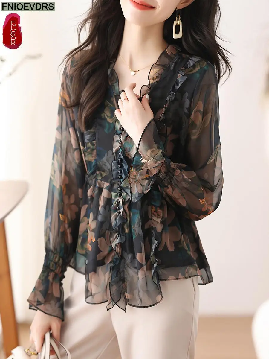 S-3XL 2024 Women Spring Basic Wear Chiffon Shirts New Chic Design Retro Vintage Button Flower Peplum Belly Ruffles Tops Blouses