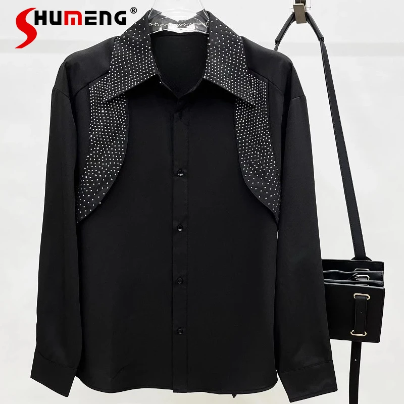 

2025 Men's Autumn New Fashion Ribbon Rhinestone Shirts Loose Comfort Stylish Versatile Long Sleeve Shirts Solid Color Chic Tops
