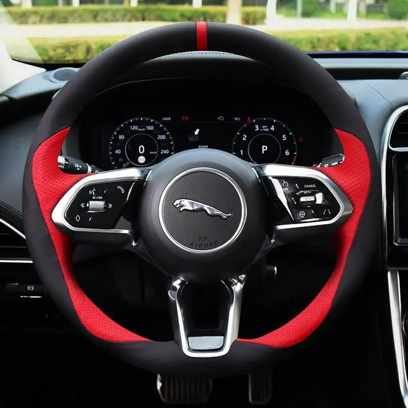 

for Jaguar XF XJL XE F-PACE F-TYPE DIY Black red high-quality suede car steering wheel cover Car Interior Accessories