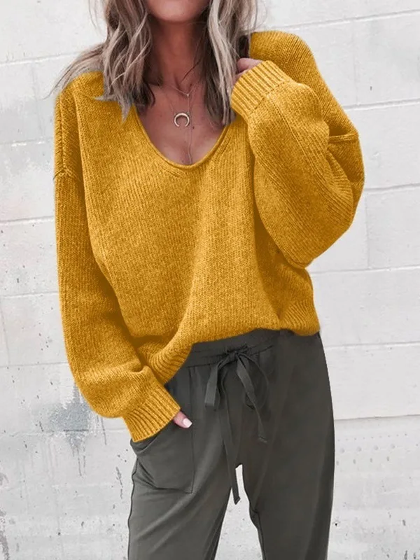 

Long Sve V Ne Pure Color Sweater Street Sle Slim Fit Women's Crew Ne Knitwear Autumn Winter Casual Home Elastic