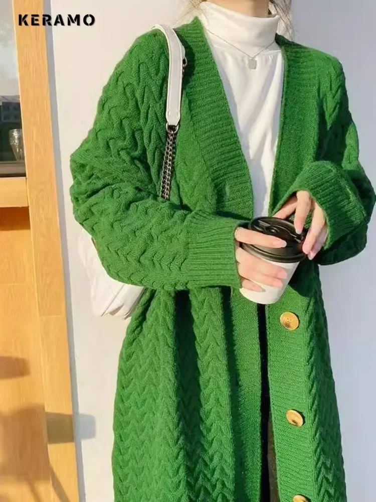 Vintage Style Solid Green Knitting Long Sleeve X-long Women Cardigans 2024 Winter Fashion Casual Oversized Chic Warm Sweater