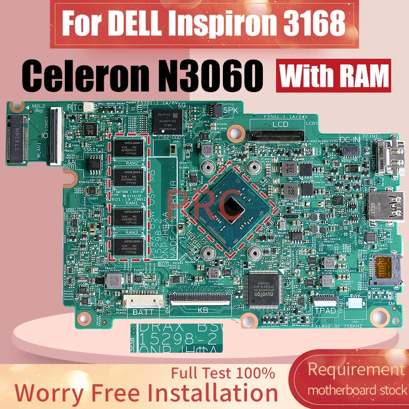 15298-2 For DELL Inspiron 3168 Laptop Motherboard Celeron N3060 With RAM 09TWCD Notebook Mainboard