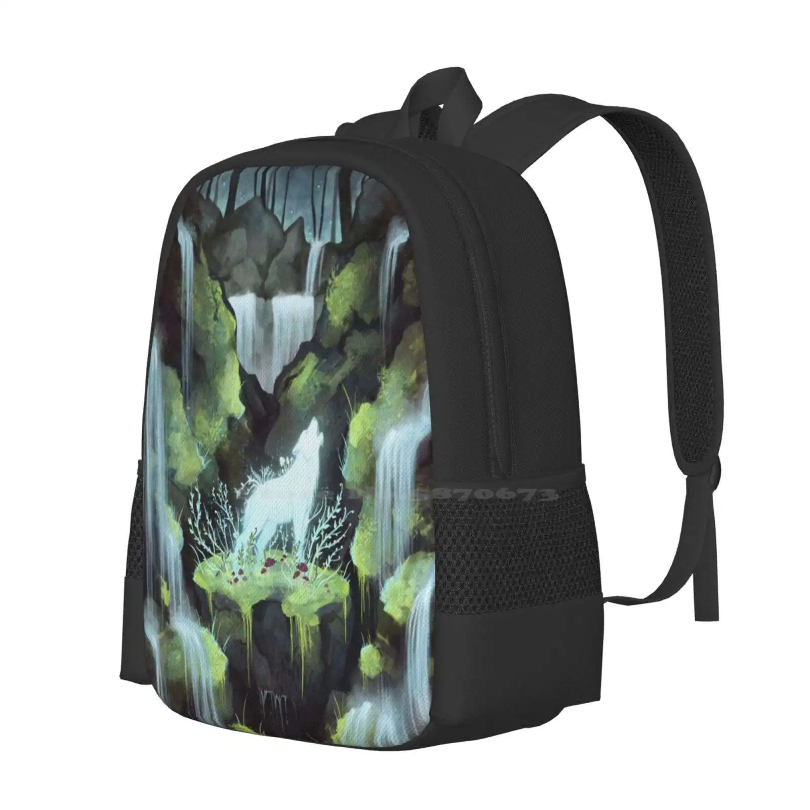 Forest Spirit Hot Sale Schoolbag Backpack Fashion Bags Plants Spirit Wolf Forest Rocks Stream Waterfall Woods