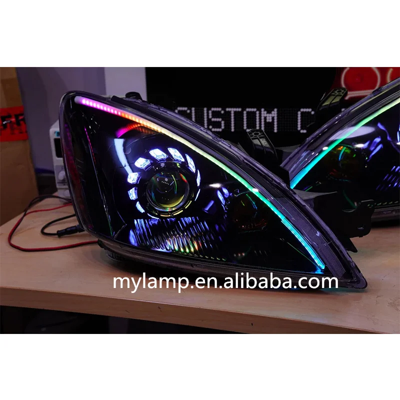 For Mitsubishi Lancer 03-08 Sedan Wagon Headlights With Projectors RGB Ring And Turbine Shrouds Demon Eye
