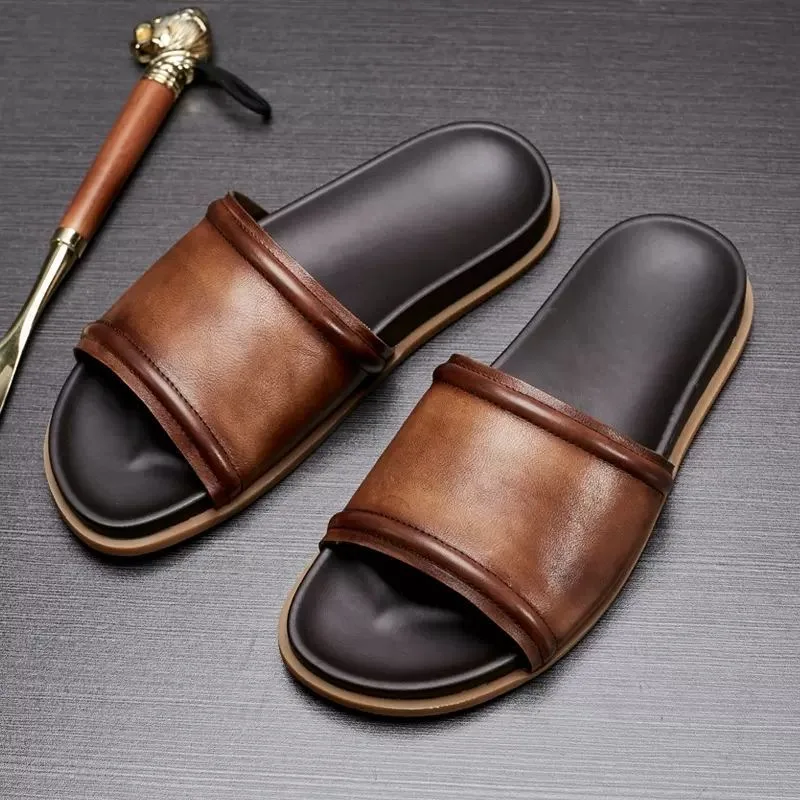 Top Quality Men Genuine Leather Slippers 2024 Summer Casual Comfortable Shoes Luxury Men Handmade Sandals Shoes