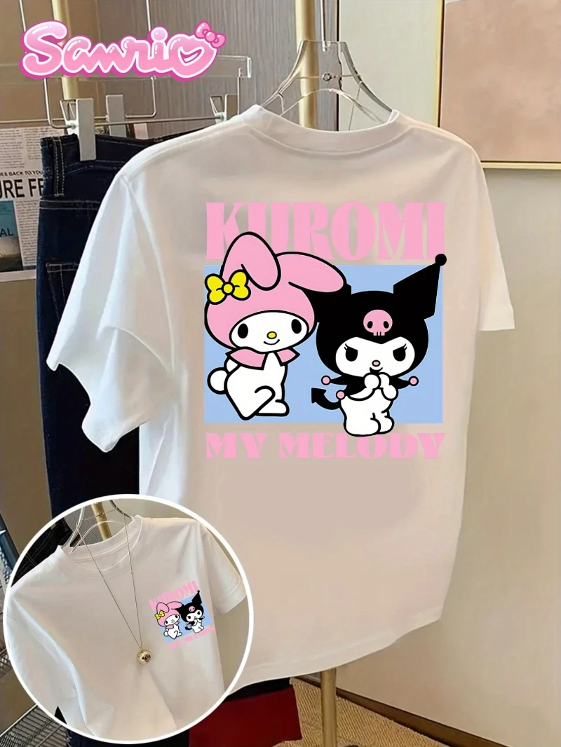 

Women's Sanrio Kuromi and My Melody Pattern T-shirt - Cute Anime Character Casual Short Sleeve Top
