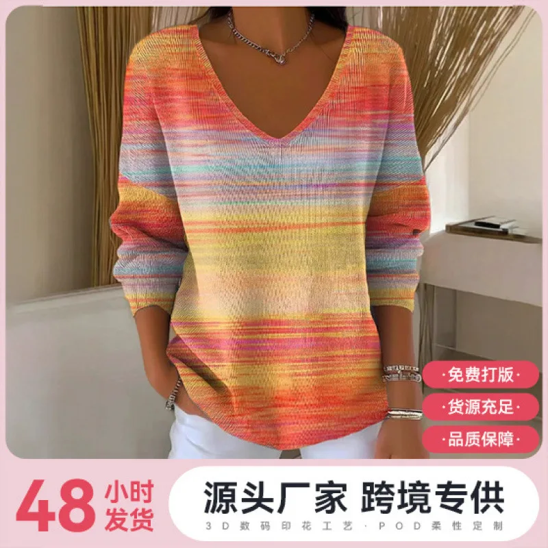 T shirt women 2026 fashion New off-the-shoulder V-neck long-sleeved pullover 3D digital printed top tshirt women's clothing