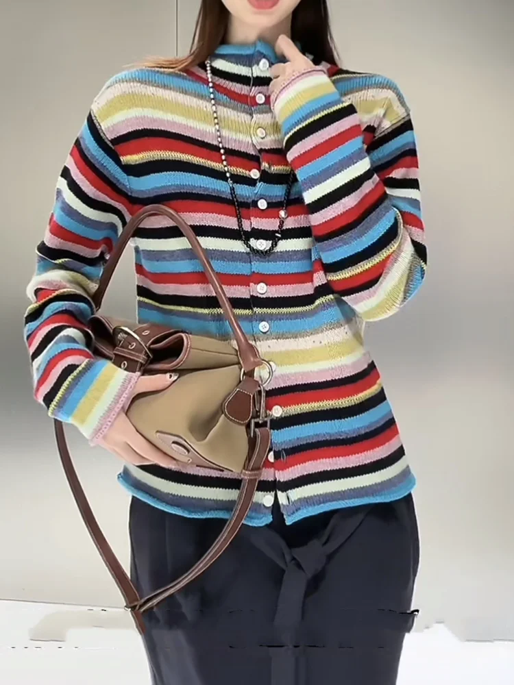 

High-End European Sle Knitted Long Sve Striped Faionable Open Cardigan for Young Women Casual Sle Autumn Wi...