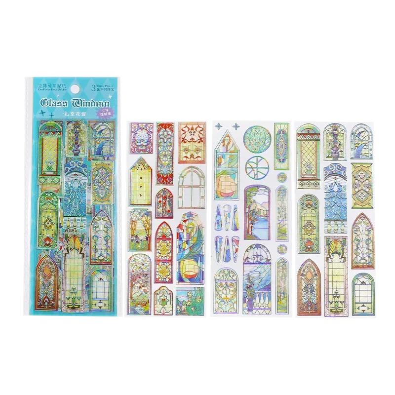 3 Sheets/pack Gilding PET Stickers Time and Moonlight Gem Church Window DIY Decorative Stickers for Handbooks Ledger Journal