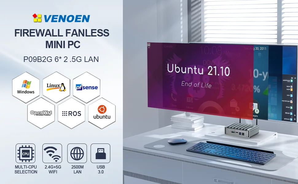 Fanless Mini PC with 4-Port 2.5G Ethernet: Intel N100, Dual Display, SATA/NVMe, Designed for Networking & Industrial Use