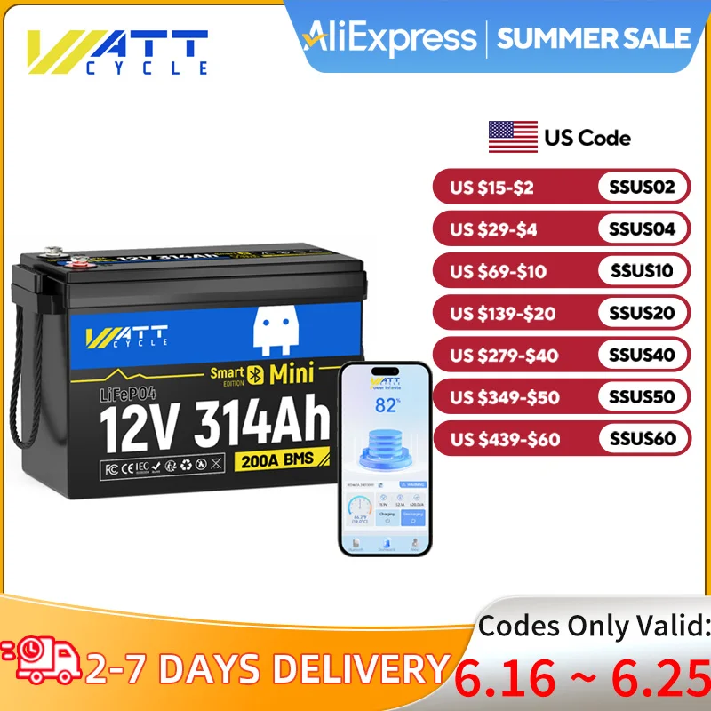 

Wattcycle Bluetooth 12 В 314 Ач LiFePO4 аккумулятор с 200 А BMS A + элементами 4019 Втч энергии для автофургонов/морских/ИБП/домашнего хранения/внедорожных сетей