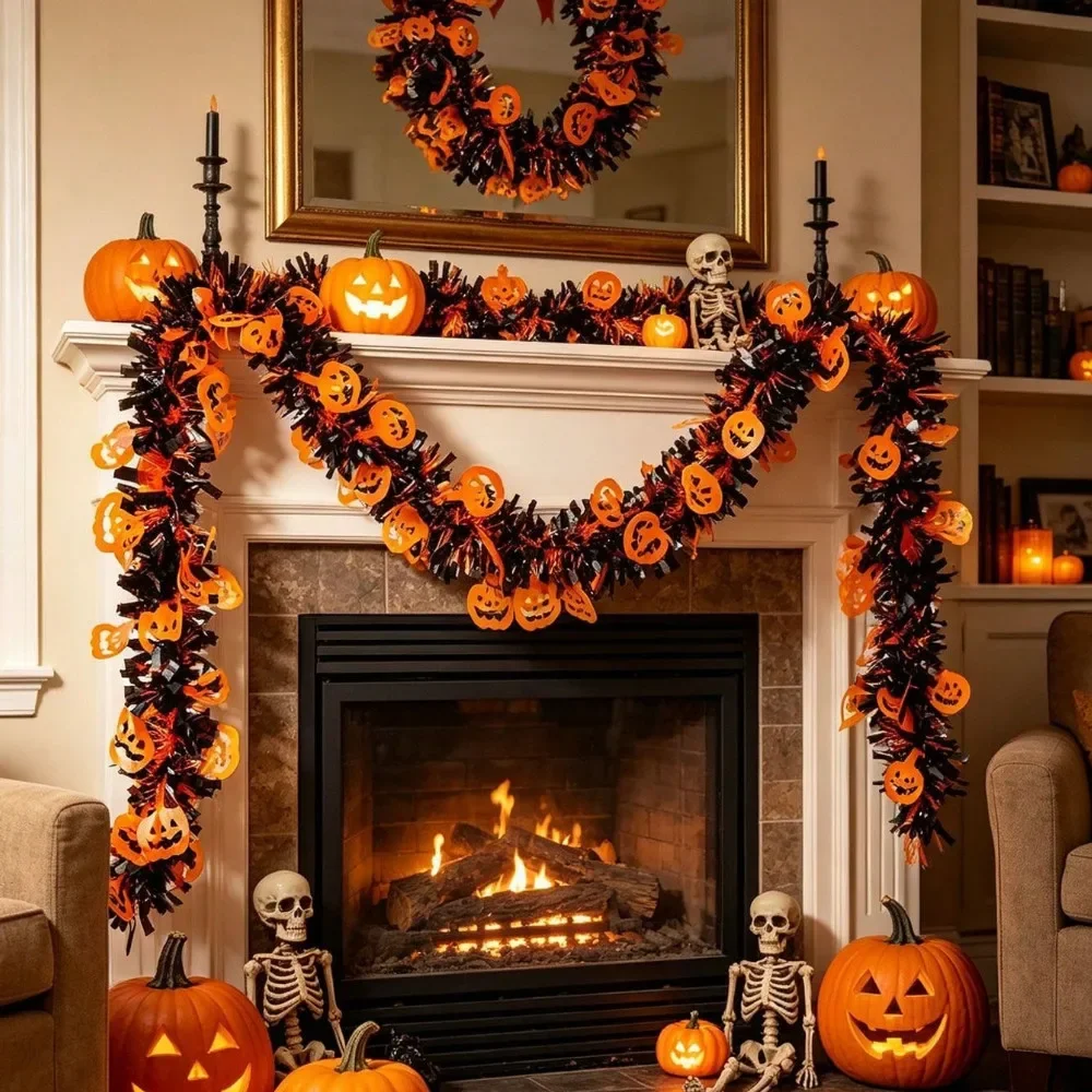 2/4M Schwarz-Orange Halloween-Girlande mit Kürbis-Ausschnitt, Gruselige Hängedekoration für Haustür, Outdoor-Halloween-Party-Zubehör – Detail 2