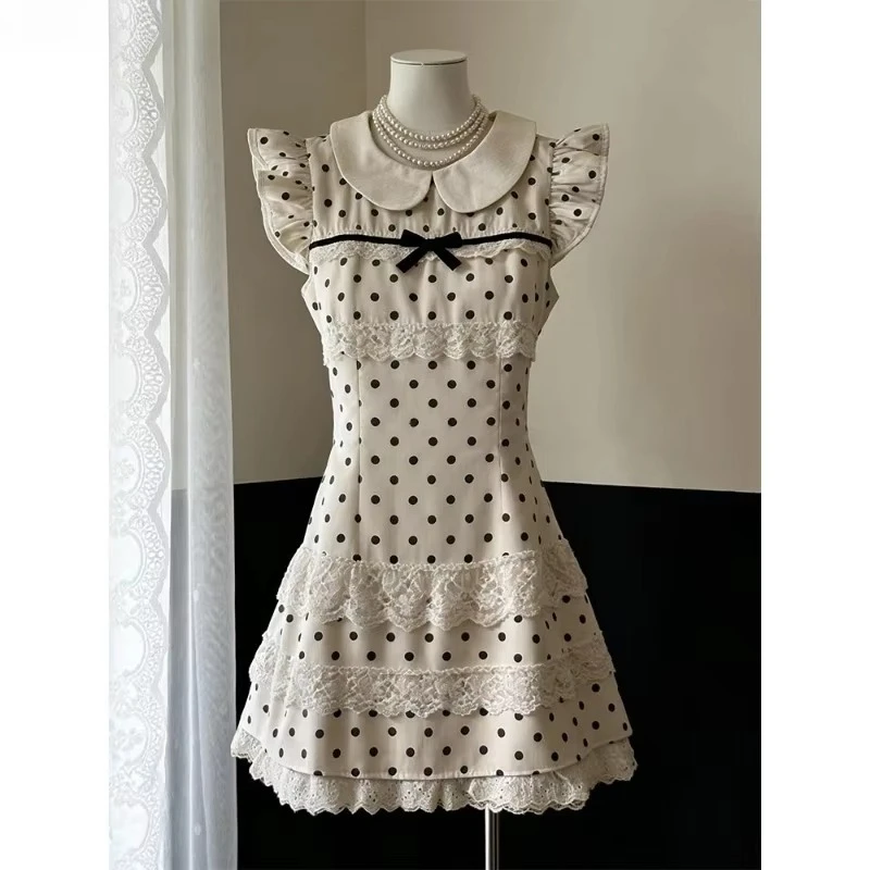 Women High Waist Polka Dot Dress Peter Pan Collar Lace Ruffle Bow Detail Preppy Vintage Dress