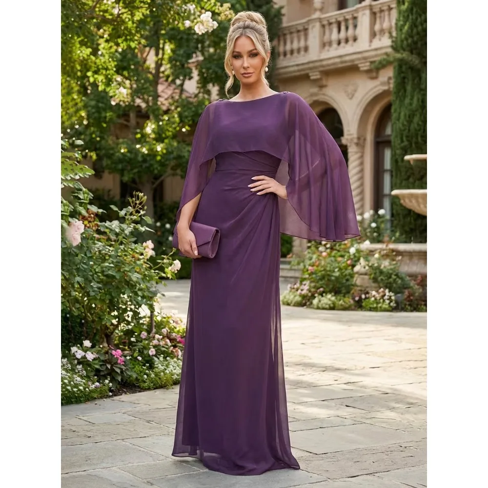 Customized Chiffon Mother of Birde Dresses 2026 with Cape Women‘s Pleated Wedding Party Attire Gowns Elegant Evening Dress