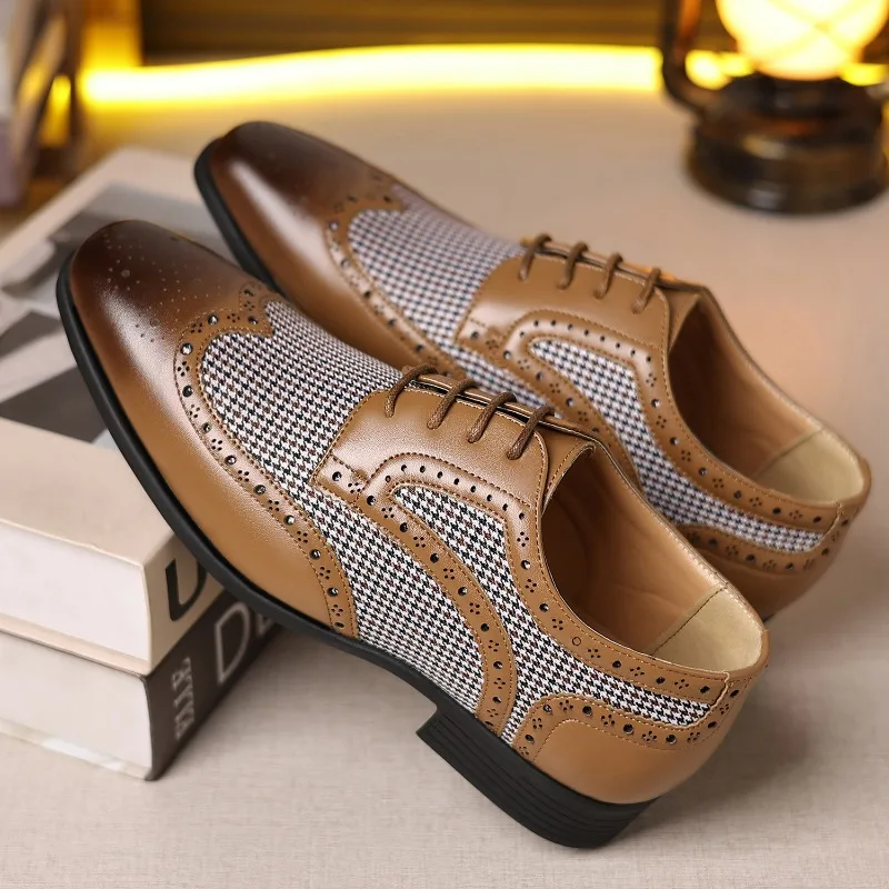 

Men's Leather Shoes Business Oxfords Lace Up Pointed Toe Casual Shoes Plus Size Wedding Party Shoes Handmade Brogue Dress Shoe