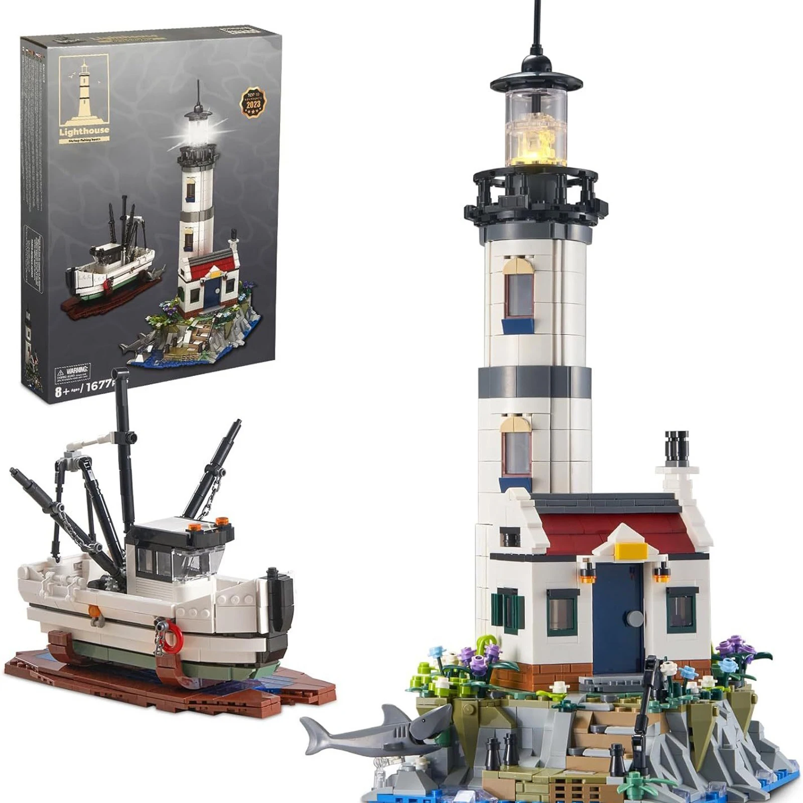 

Fisherman Rescue Boats Lighthouse Model Bricks With Light 1677PCS New Electric Lighthouse Building Blocks Kids Adult Toys Gifts