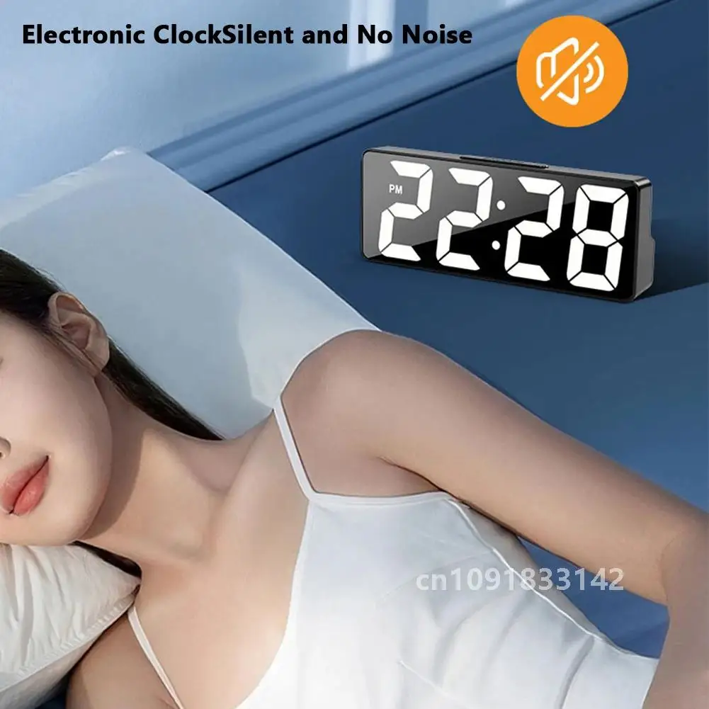 Mirror Digital Alarm Clock LED Clock Temperature Calendar Display USB Battery Dual Power Adjustable Brightness Desk Clock