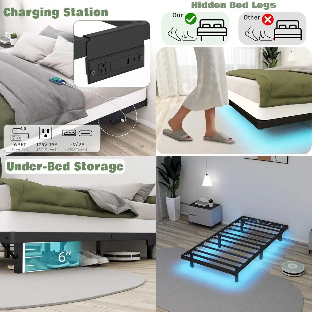 

Двуспальная кровать со светодиодной подсветкой и зарядной станцией, устойчивый металлический каркас, с местом для хранения, без пружинного блока (8 дюймов)