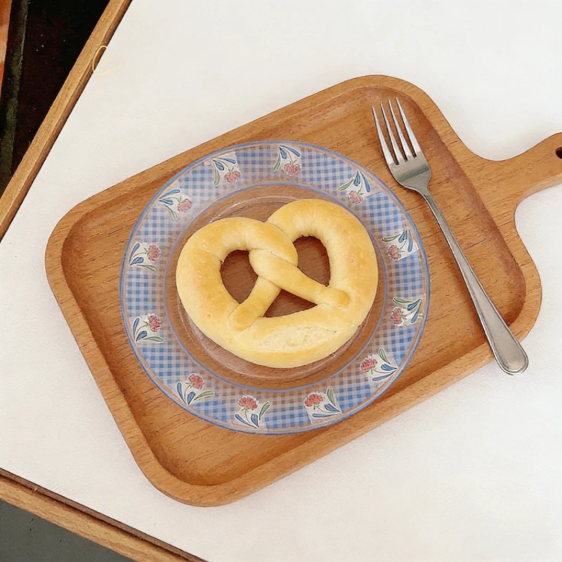 

French Fresh Blue Glass Plates Floral Edge Transparent Breakfast Round Plate Exquisite Home Dessert Serving Plate Daily Dining