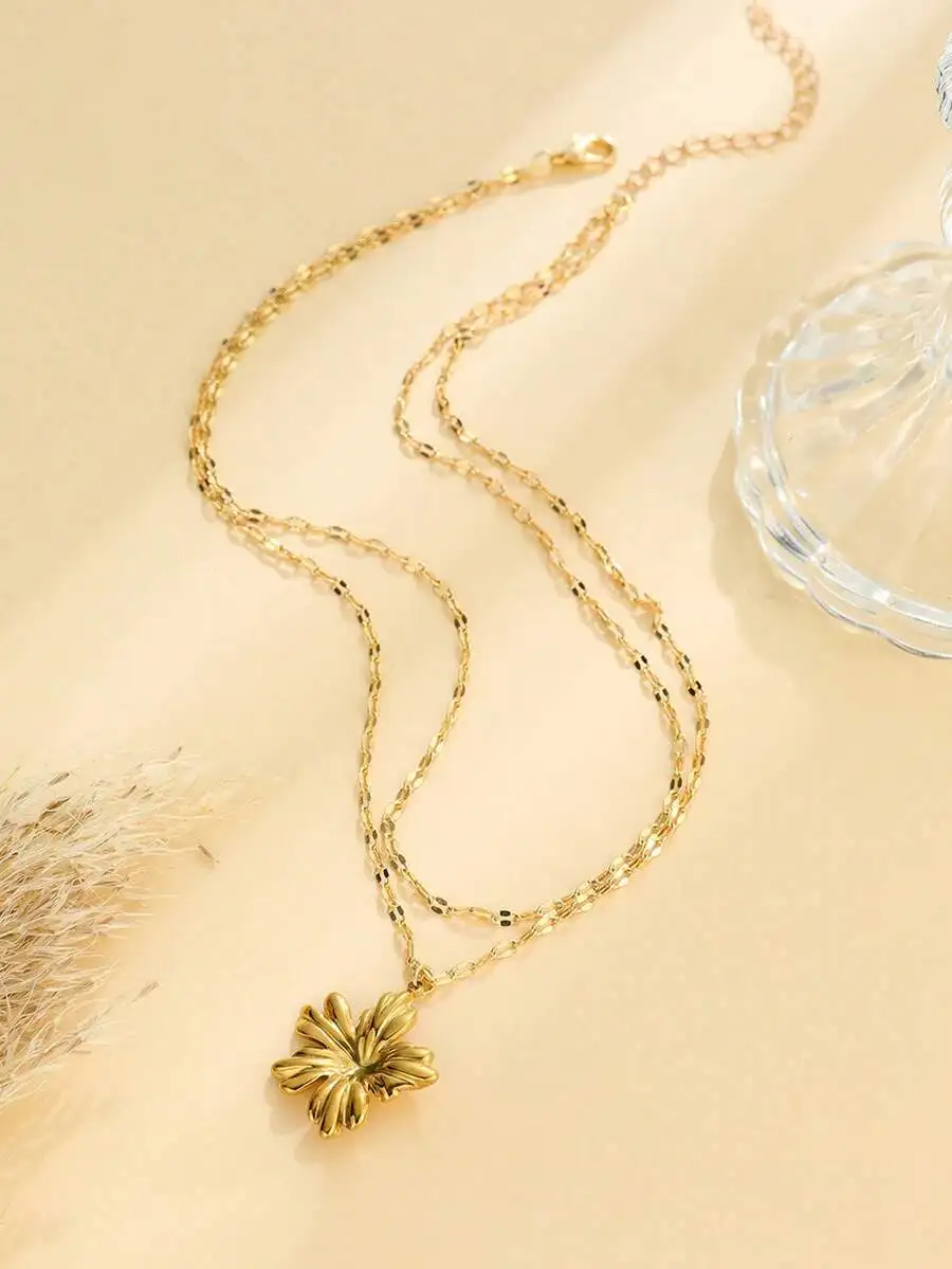 

Stainless Steel Gold Plated Double Layer Floral Pendant Necklace For Women