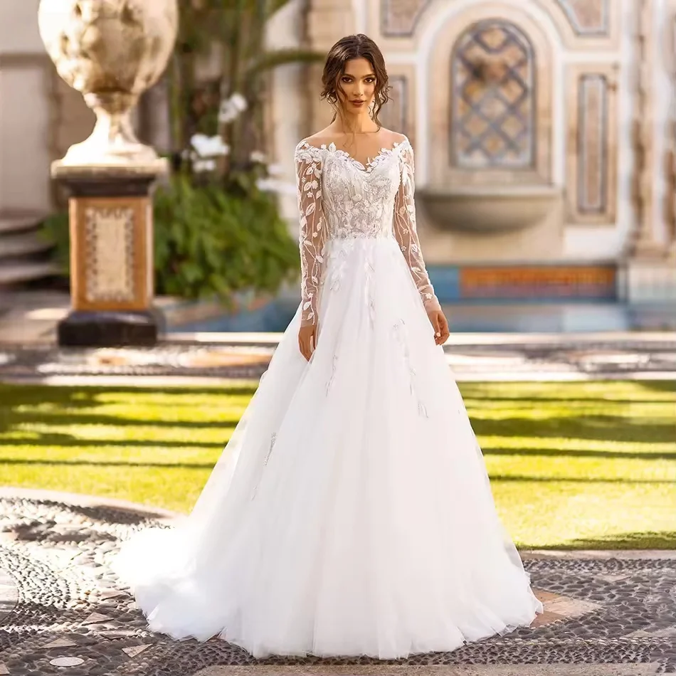 

Lace Wedding Dresses A-line Long Sleeves Appliques Muslim Bridal Gown Arabic Dubai Islamic Vestido De Noiva Customized