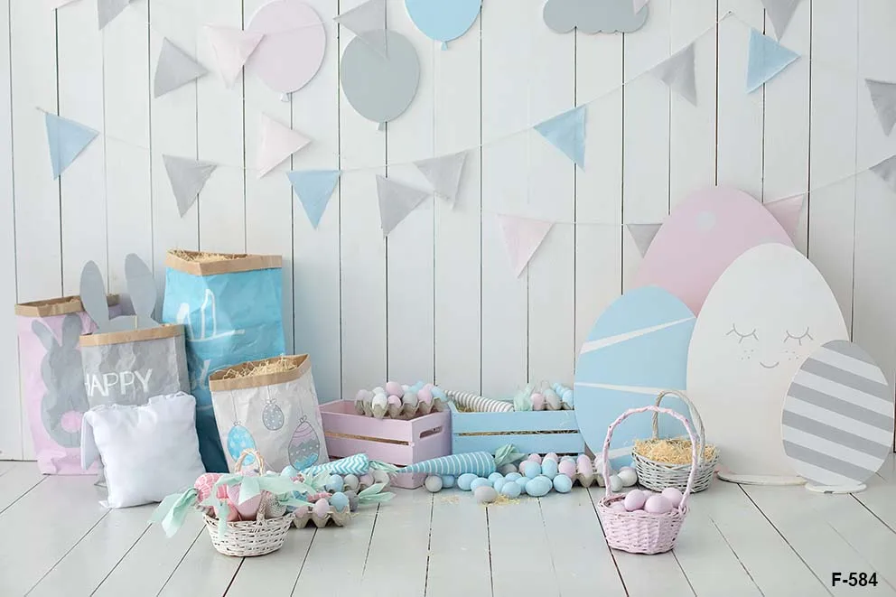 Happy Easter Theme Cute Bunny Eggs Photographic Window Spring Wood Planks Backdrops Birthday Baby Shower Backgrounds Photocall