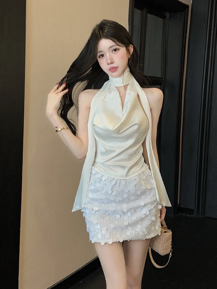 Elegant Satin Short Skirt Set with Sashes And Neck Hanging Sleeveless Top Sexy Bodycon Design for Casual Summer Wear