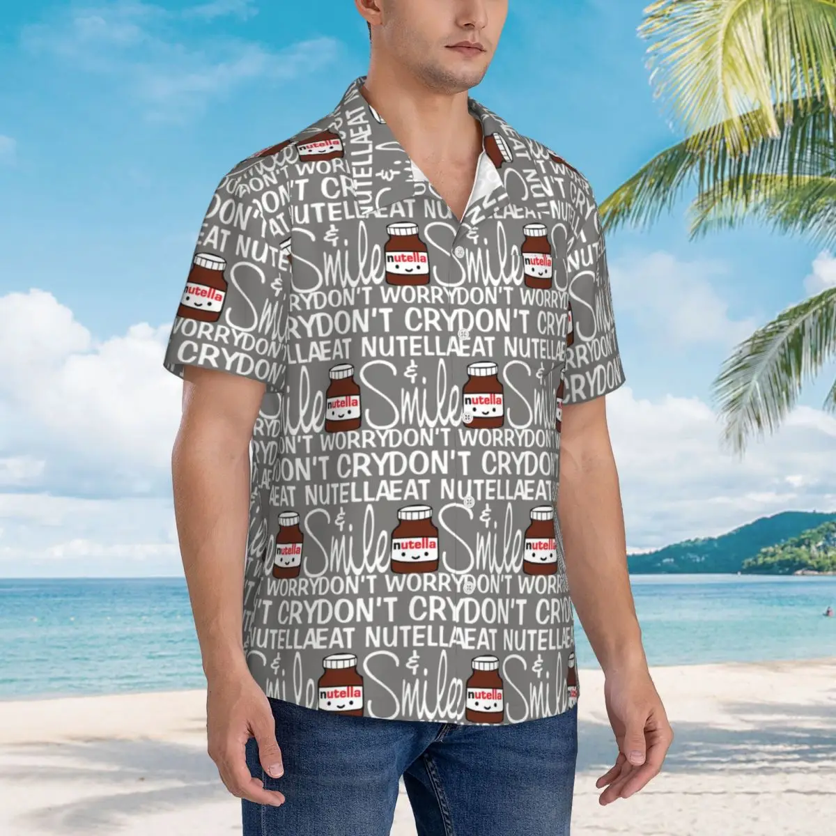 

Don't Worry Don't Cry Eat Nutella And Smile Hawaiian Shirts Funny Men Short Sleeve Shirt for Summer Beach Men's Lapel Tops