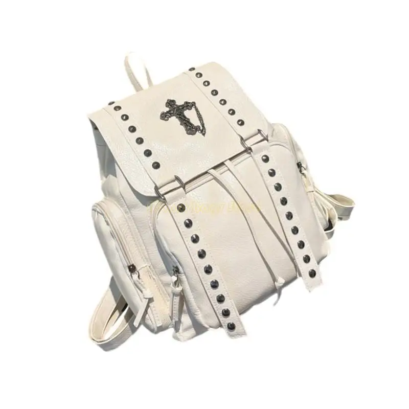 X90D Casual School Bag PU Leather Backpack dengan Rivet Detail Esthetic Rucksack