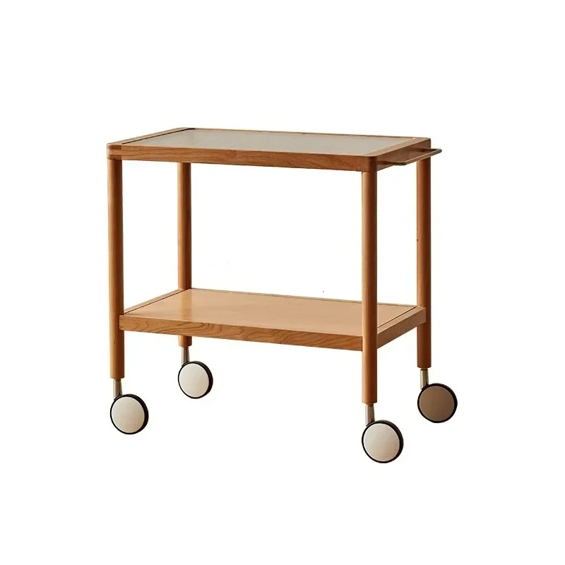 Living room cherry wood log coffee table Japanese movable trolley with wheels