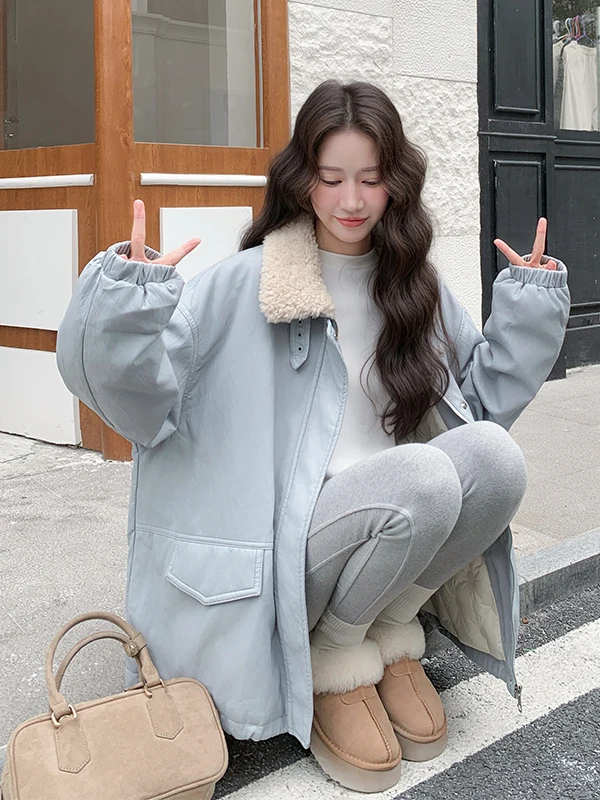 블루 슈퍼 뷰티풀 워크웨어 파카 슬레 오르트 티엔드 여성용 다운 재킷 화이트 듀 페더 웜 스트레이트 컷 PU 가죽