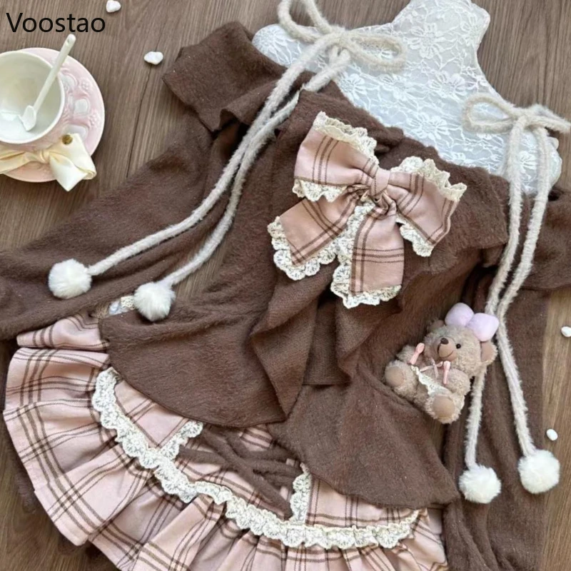 Japanese Fashion Sweet Lolita 2 Piece Sets Women Retro Brown Tops Fluffy Cake Skirt Female Off Shoulder Kawaii Slim Vintage Suit