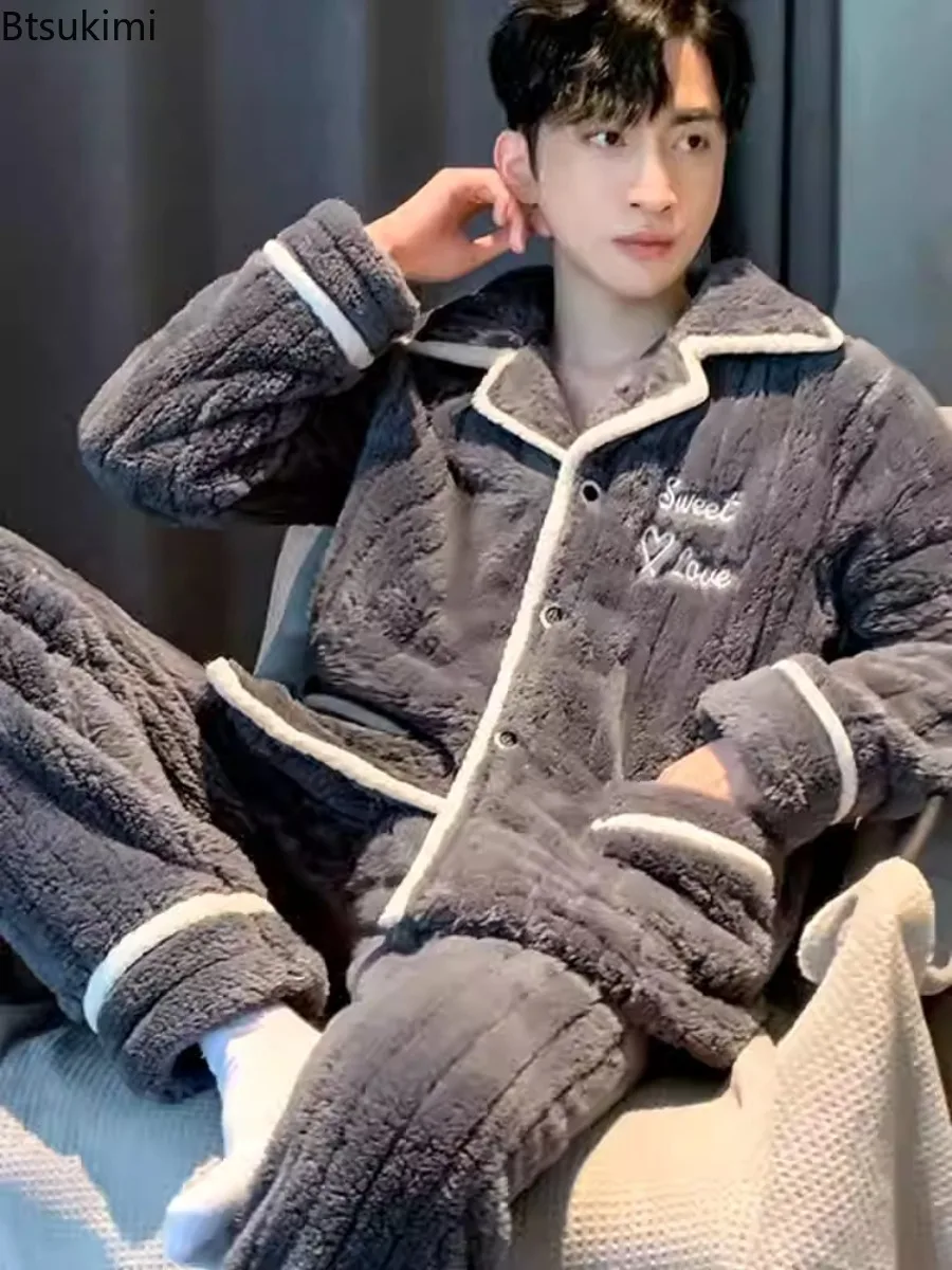 أطقم بيجامات شتوية للرجال من الصوف المرجاني سميكة دافئة بأكمام طويلة بنطلون ملابس نوم 2 قطع ملابس منزلية مريحة من الفلانيل الحراري #4