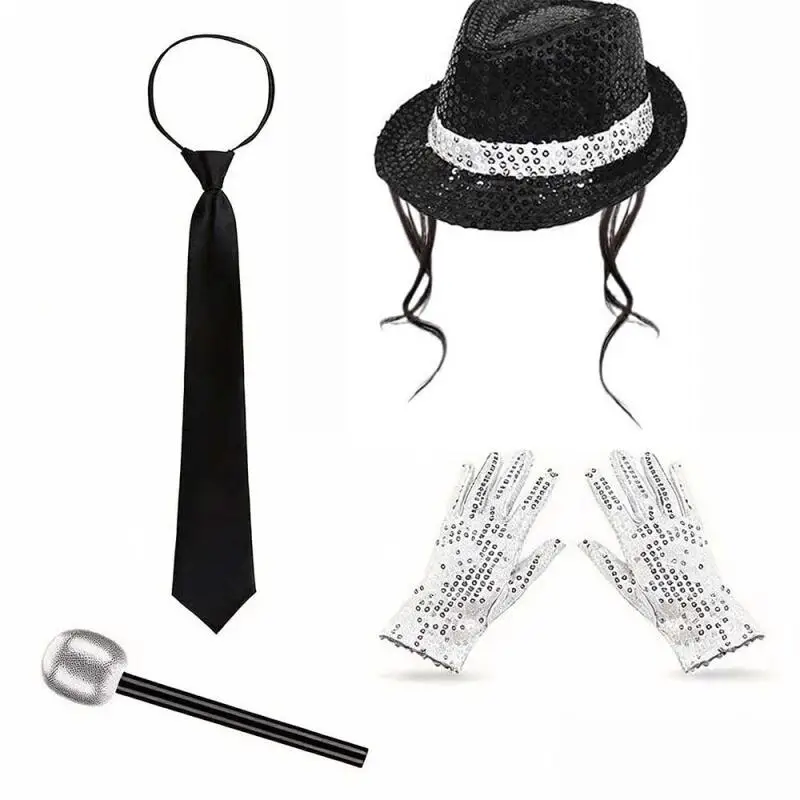 4Pcs/set Retro Star Costume Accessories Kit Performance Sequin Hat, Sunglasses, Gloves and Fake Headset for Adults Cosplay