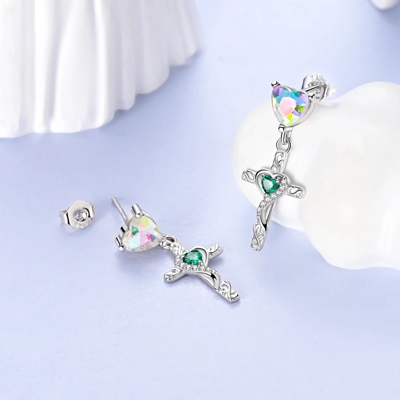 

Серьги из серебра 925 пробы для женщин, сверкающие серьги-гвоздики в форме сердца и креста, ювелирные украшения для подарков на годовщину или свадьбу