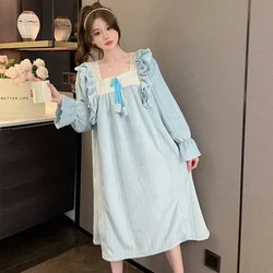 Plus Size Winter Fleece Sleep Dress Women's Sweet Princess Style Long Sleeve Medium-length Nightgown Soft Flannel Loose Homewear