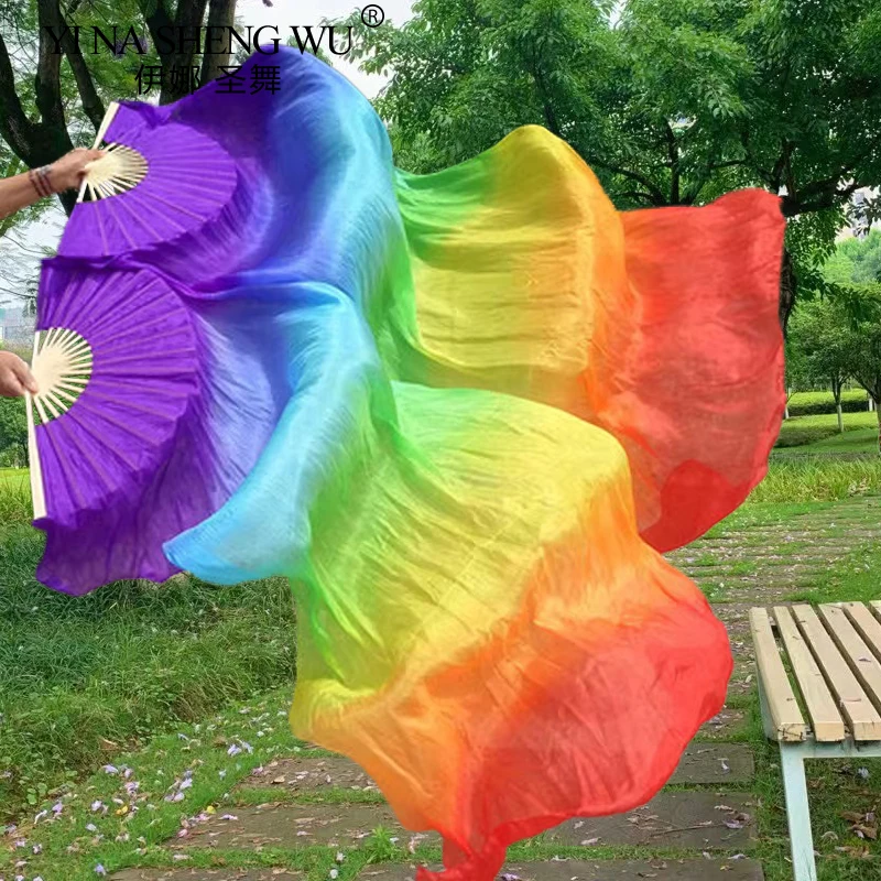 Professional Belly Dance Silk Veil Light Weight 100% Silk Fans Hand Dyed Colorful Dancer Performance Props Long Silk Fans 1 Pair