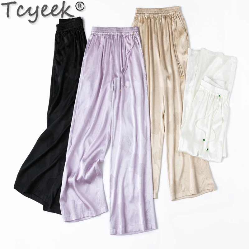 

Tcyeek 93% Mulberry Silk Long Pants Elegant Pants for Women Casual Wide Leg Pants Summer Woman Trousers Pantalones Mujer 2024