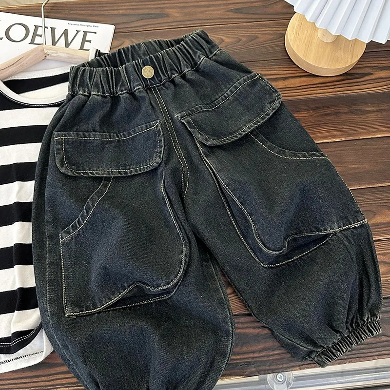 

Children Jeans Boy Overalls Spring Autumn 2023 New Fashionable Hong Kong Style Retro Pocket Casual Kids Handsome Cool Jeans