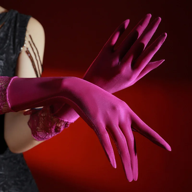 women Lace-trimmed shiny gloves for cosplay, glossy silky long-sleeved horse oil gloves with separate fingers anti-snag design