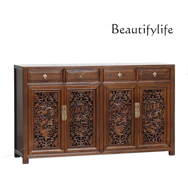 

In Chinese Antique Style Solid Wood Furniture Cutout Carvings Shoe Cabinet Classical Hallway Dining Side Storage Cabinet