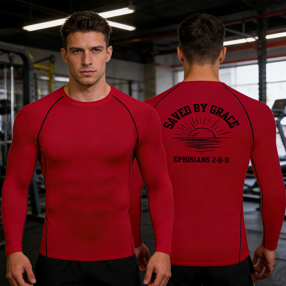 

Y2K Mens Black Quick Dry Compression Long Sleeve T-Shirt Athletic Gym Training Top Religious Bible Verse Print Workout Baselayer